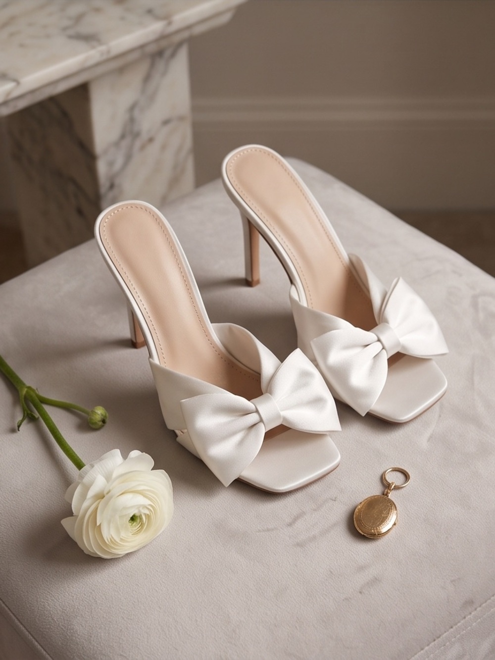 Elegant Ivory Bow Stiletto Mules